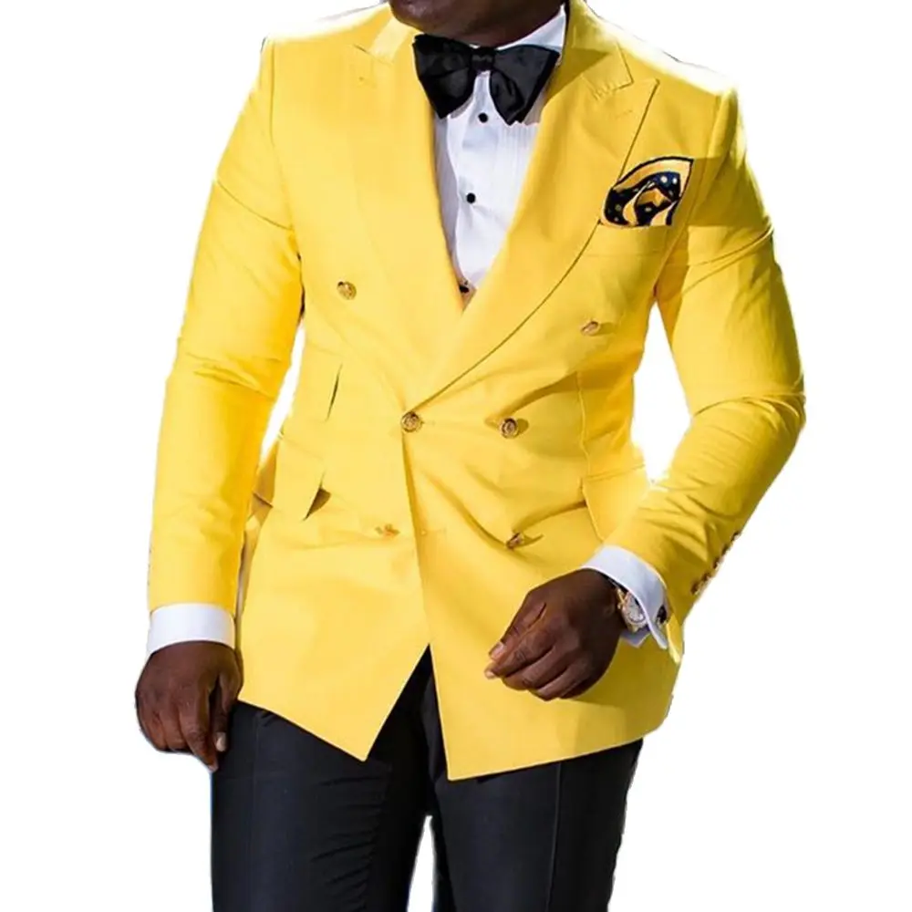 

Yellow Double Breasted Blazer Black Trousers Casual Prom Wedding Clothing Slim Fit Groom Tuxedo Party Wear Coat 2Pc Jacket Pants