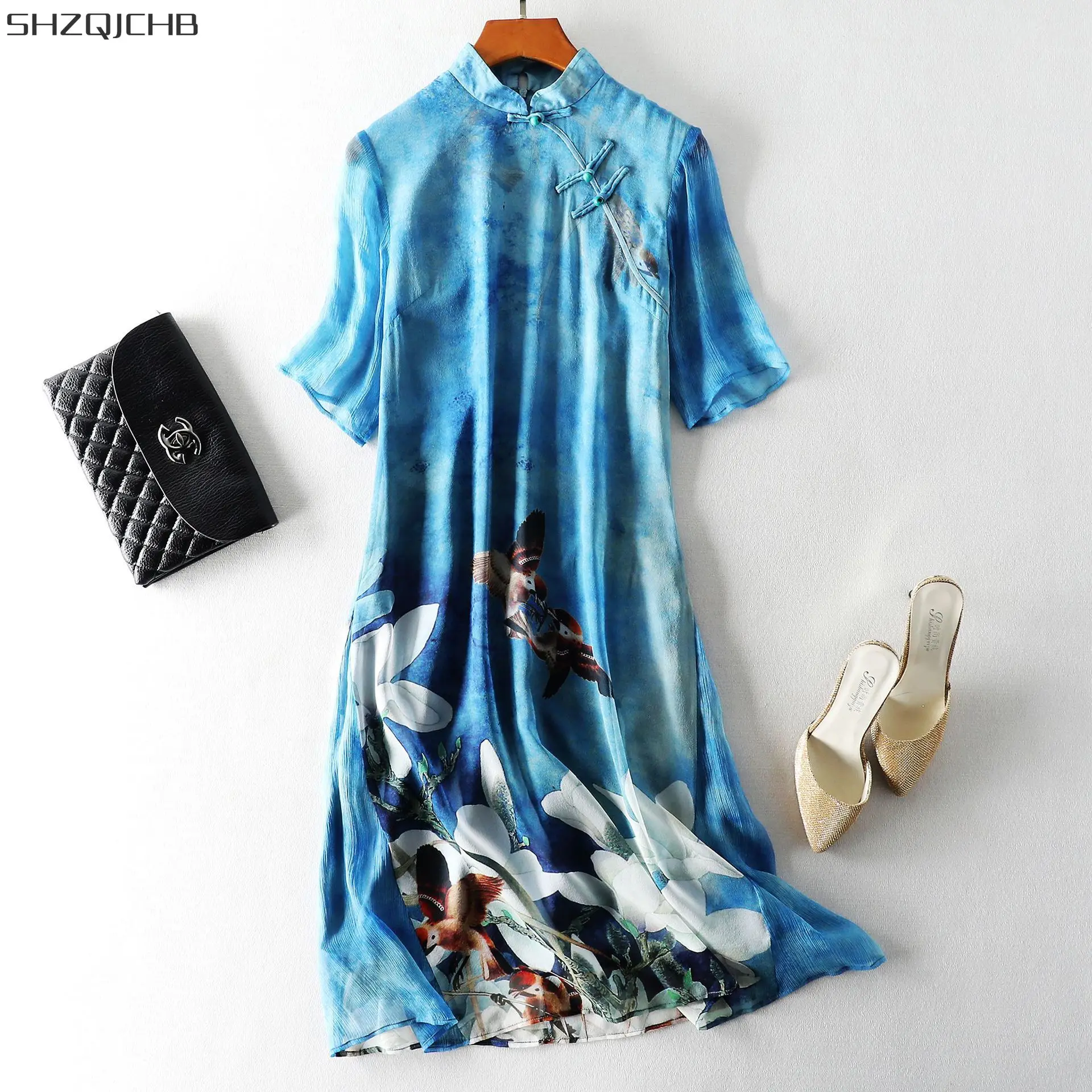 

Женское винтажное пляжное платье SHZQ, Элегантное синее платье свободного покроя из натурального шелка с цветочным принтом, лето 88009
