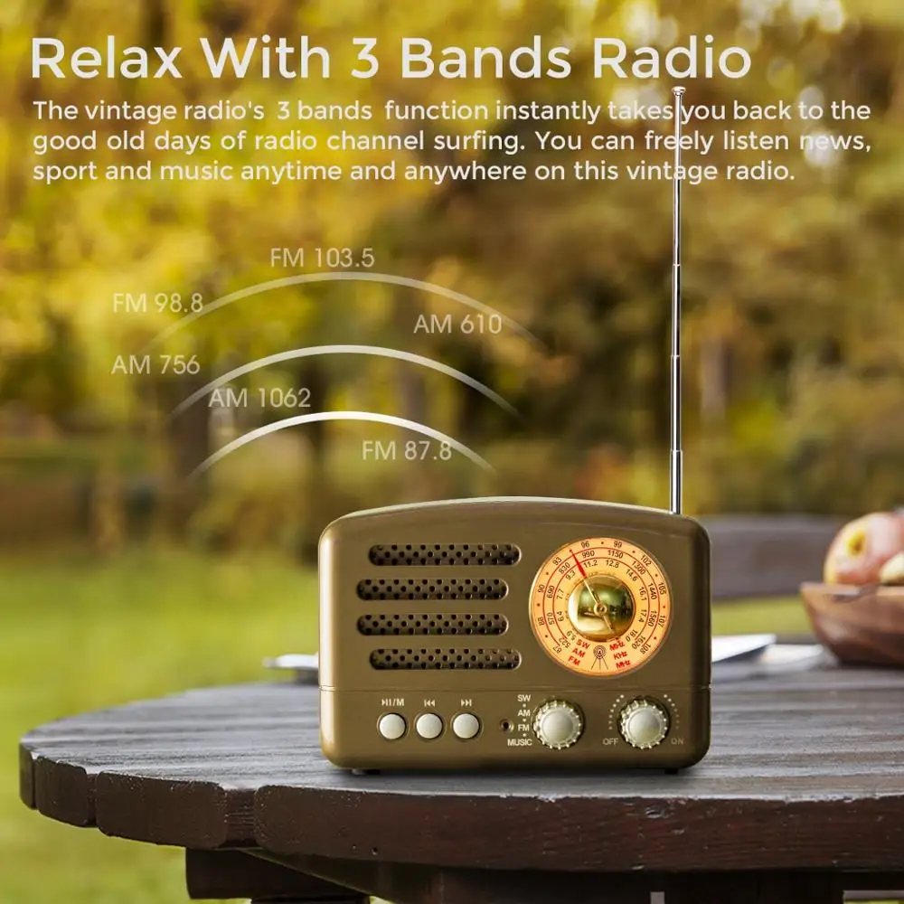 Портативное перезаряжаемое радио PRUNUS AM/FM/короткая волна Bluetooth динамик в стиле