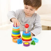 baby kids wooden rainbow ring geometric building blocks stacking game puzzle toy