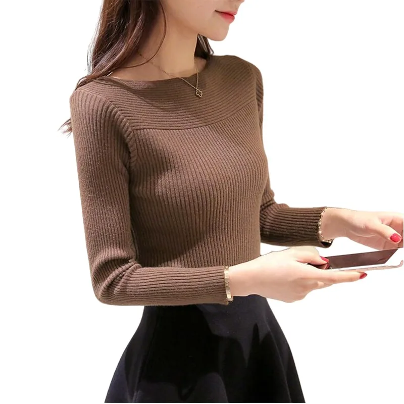 

New 2021 Spring Autumn women ladies long sleeve boat neck knitted sweet sweater top femme korean pull casual shirts jumper
