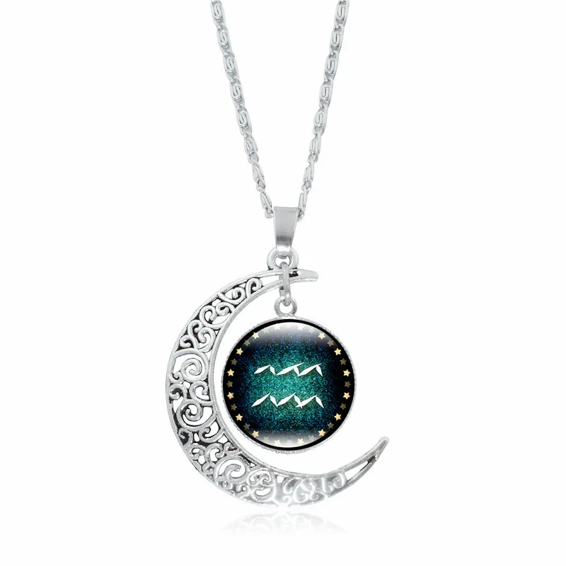 

Fashion 12 Constellation Time Gemstone Necklace Silver Moon Pendant Necklace Jewelry