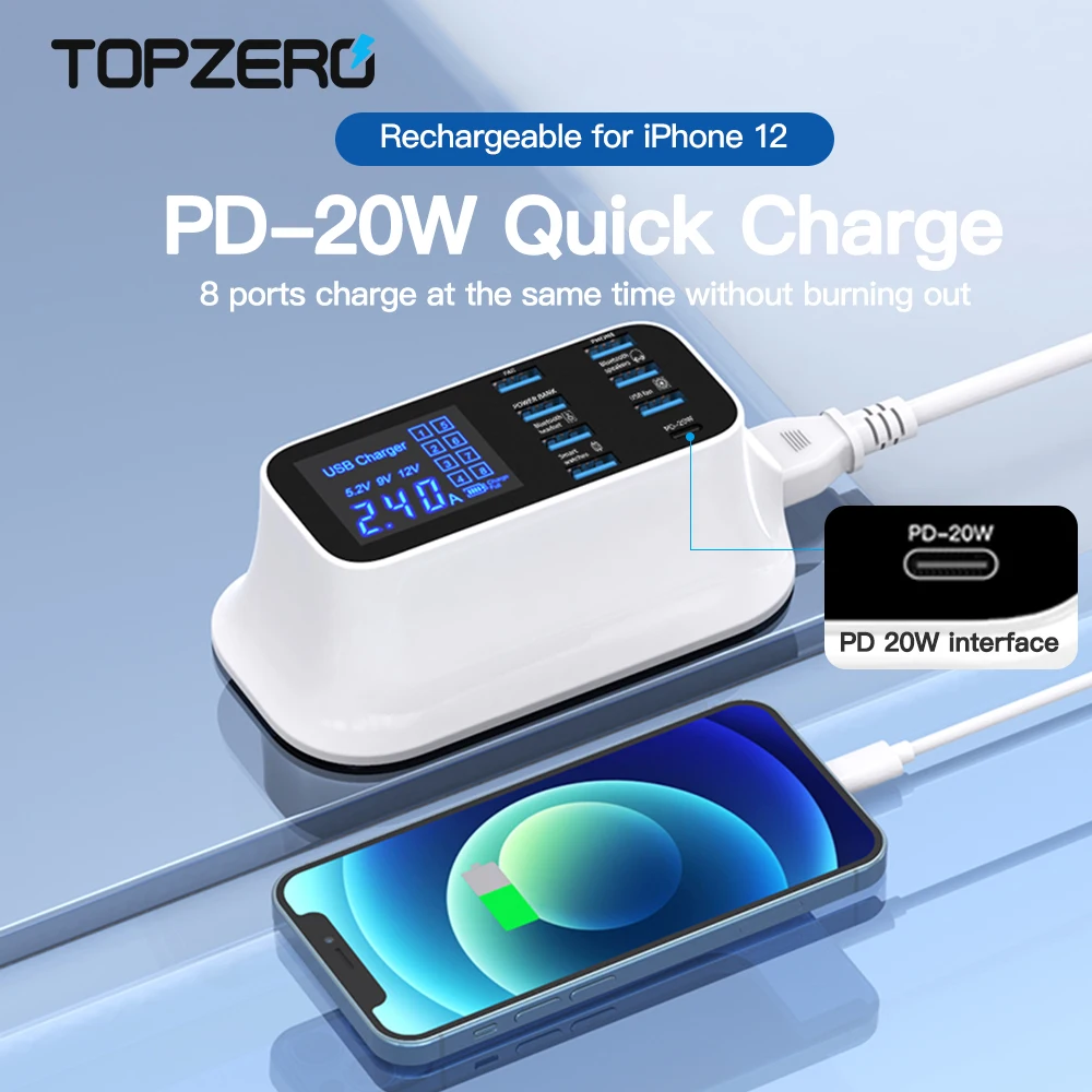

USB C PD Fast Charger Station Type C Charger Adapter 20 Watts LCD Display Multiple Desktop USBC USB Charger HUB For iPhone 12 11