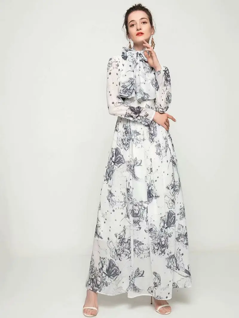 dresses for women 2021Hand Painted print Draw back Thin Long sleeve Long Flowy fairy floral dress Evening dress gray dress women