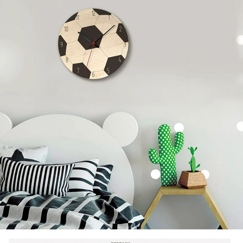 

Nordic Simple Home Printing Creative Football Wall Clock Living Room Bedroom Basketball Volleyball Wooden Decorative Gift Clock