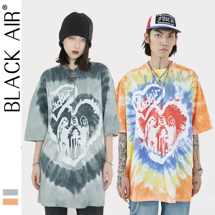 

BLACKAIR Tie dyed Oversized t shirt Harajuku Cotton Loose men woman tshirts summer vintage baggy men clothing Tops Tees 2198