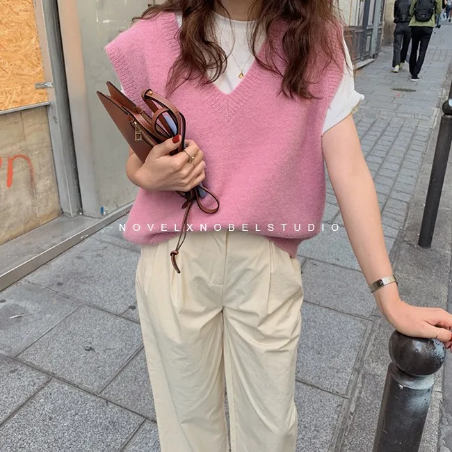 

Новинка, пуловер с V-образным вырезом, жилет, женский свитер, розовый вязаный Топ, пуловер, жилет, Теплые повседневные шикарные корейские руб...