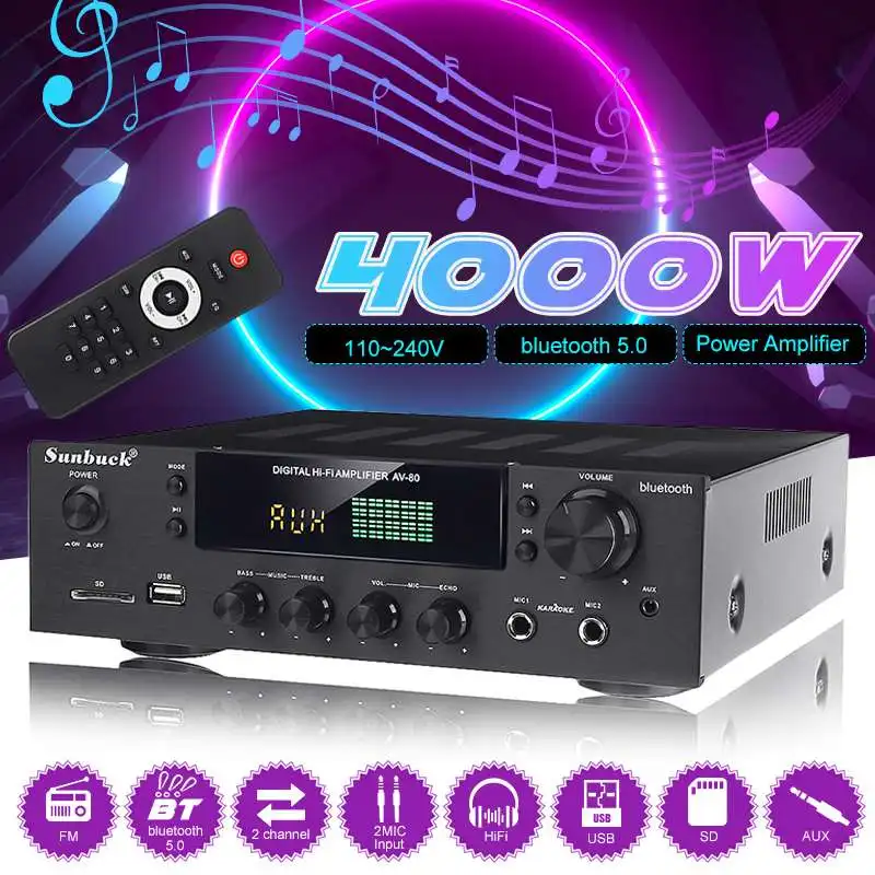 AV-80 Stereo Digital Technology Power Amplifier 2.0 Channel HIFI Audio Home Theater Amplifiers FM Receiver USB SD bluetooth 5.0