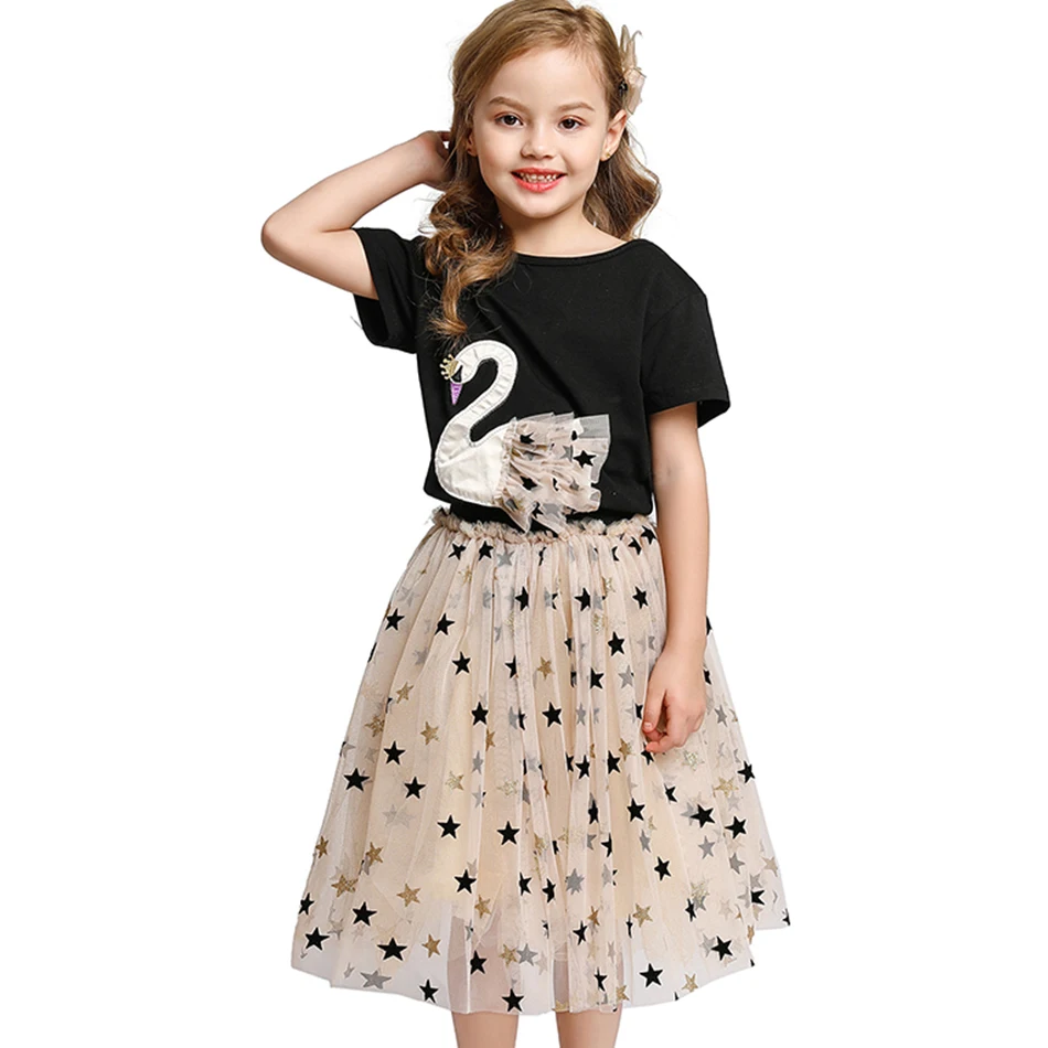 Футболка и юбка для девочек комплект одежды со звездами блестками детское летнее