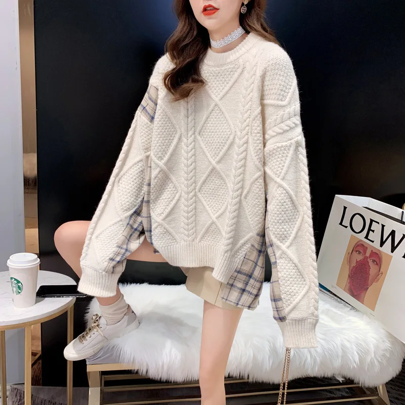 

SuperAen O Neck Full Sweater Fake Two Pieces 2021 Autumn/winter New Solid Plaid Patchwork Women's Loose Plus Size Blouse