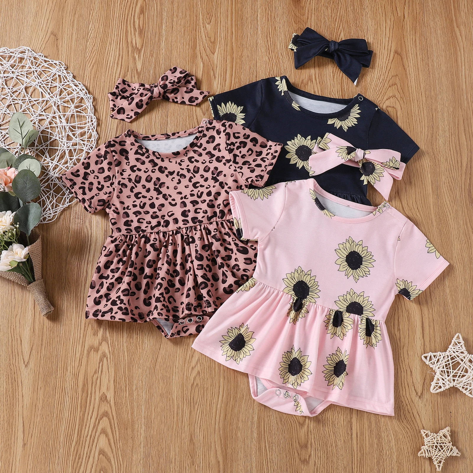 

3 Style Baby Girl’s Romper Dress Summer Leopard/Sunflowers Printed Jumpsuits and Headband 0-18M