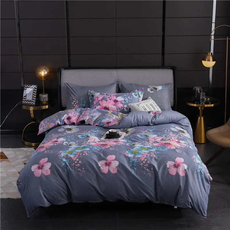 Комплект постельного белья серого цвета с цветочным принтом 4 шт. пододеяльник