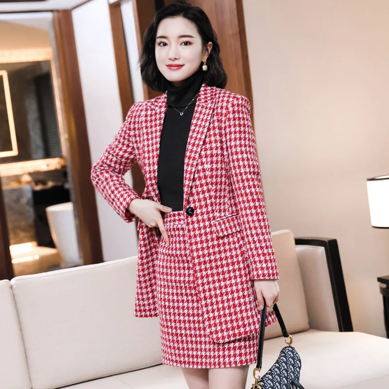 Костюм женский в клетку с юбкой модный костюм западном стиле большим рисунком