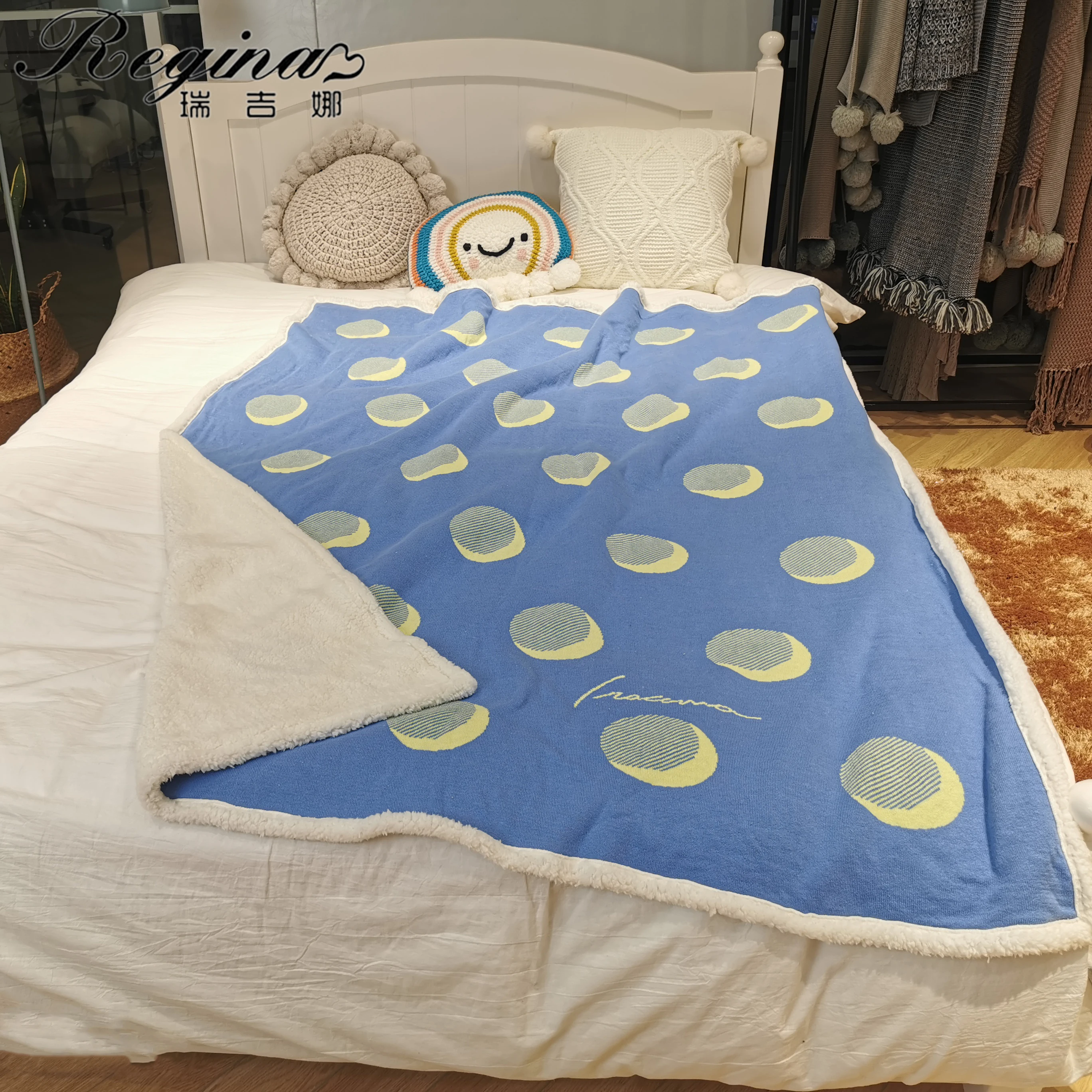 

REGINA Brand Blue Winter Warm Bed Blanket Moon Knitted Soft Living Room Decor Sofa Sherpa Blanket Fluffy Fuzzy Throw Blankets