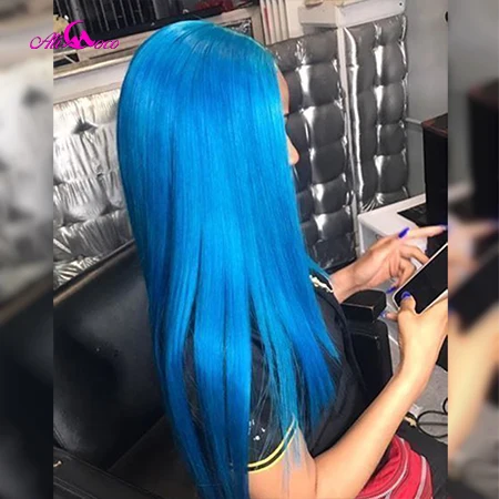 Blue Ali Coco Colored Wigs 13X4 Straight Light Blue Lace Front Human Hair Wig Orange Straight Hair Wigs Preplucked For Black Women - Цвет: Blue