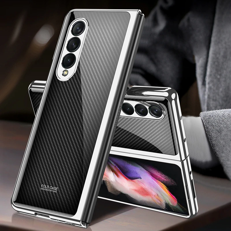 Mystery Black Pattern Tempered Glass Case For Samsung Galaxy Z Fold4 3 Case Plating Bumper Hard Back Cover For Galaxy Z Fold 4