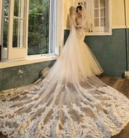 real photo wedding veils 4 meters one layers long cathedral length lace appliqued tulle bridal veil with combs 2020