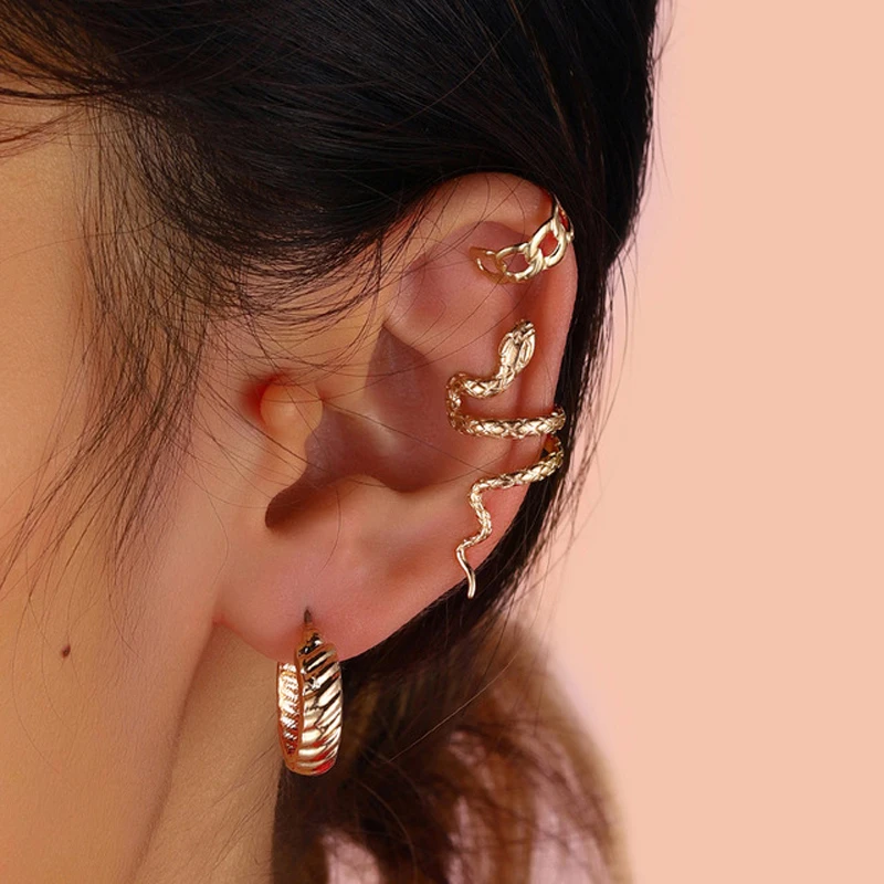 

Trendy Ear Accessories Accessories Retro Snake Three Set Cold Wind Snake Shaped Ear Studs Ear Clip Earrings Jewelry Female Girl