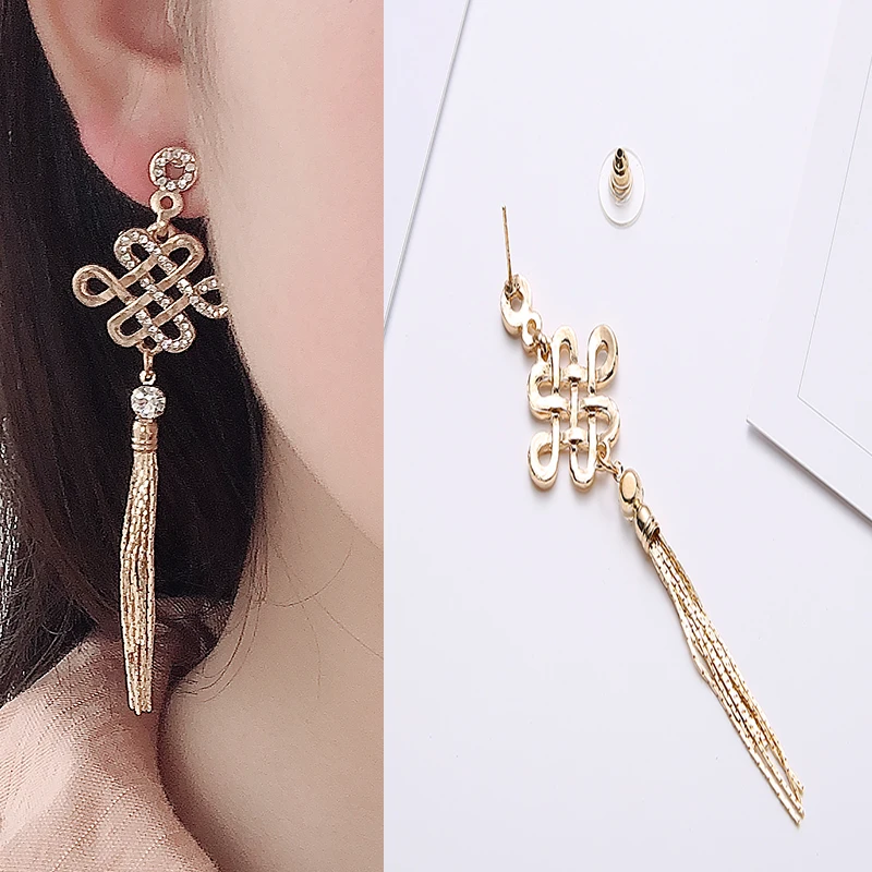 Темпераментные Длинные китайские серьги в стиле ретро с узлом корейские
