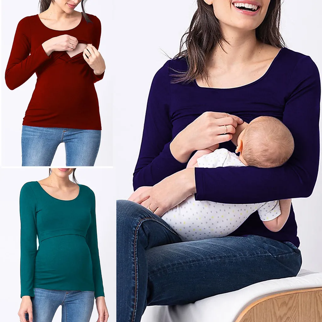 

Maternity fashion pregnant nusring maternity o-neck long sleeve tops solid blouse tops telotuny nursing top
