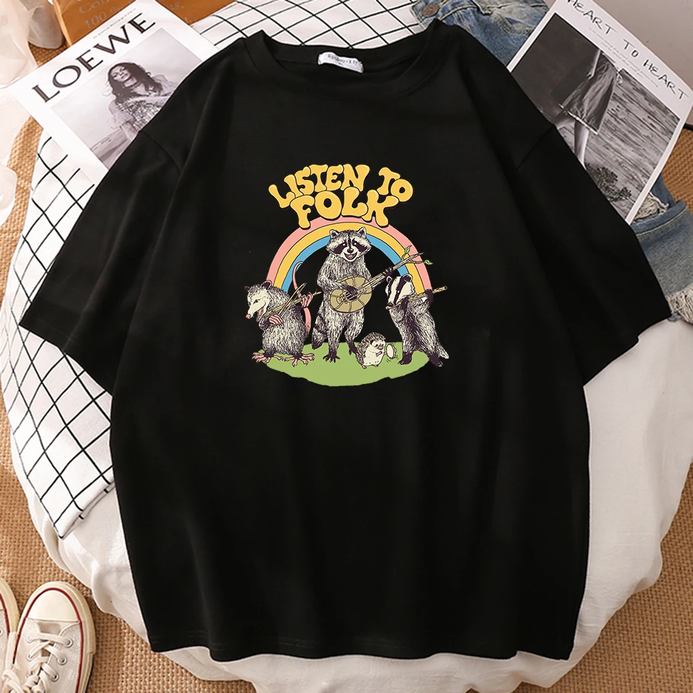 

Listen To Fork Raccoon Print Tshirts Fashion Breathable Clothes Crewneck Comfortable Mans T-Shirts Oversized Casual Tshirt Man