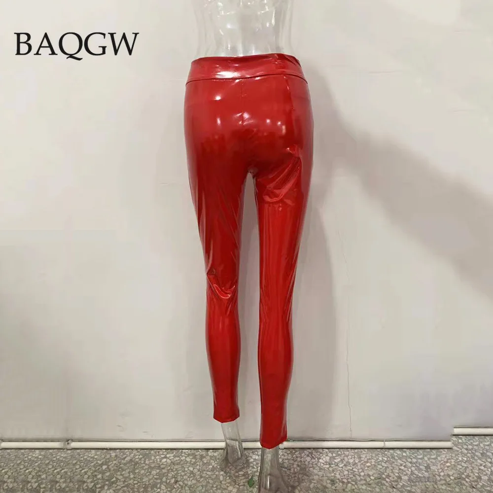 

Fall Winter Black Red Shiny PU Leather Pants Front Zipper Bottom High Waist Stretchy Tights Pencil Pants Women Leggings Trousers