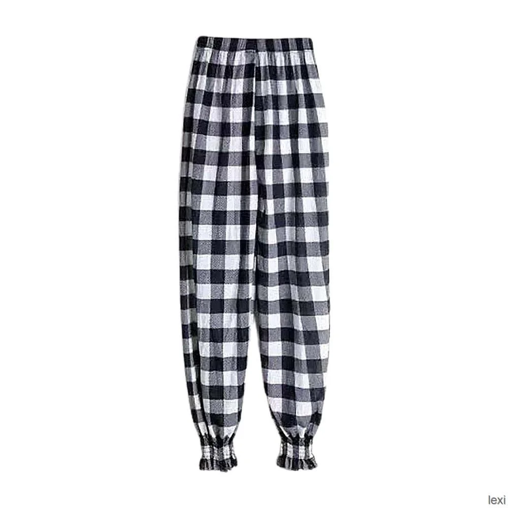 

Women Long Pants Dot Check Stripe Tie Foot High Waist Summer Casual Multi Style