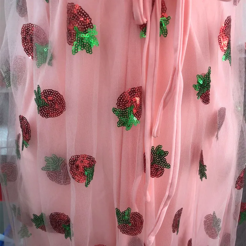 

Sweet Strawberry Sequined Embroidery Cascading Ruffle Maxi Dress Women Summer V-Neck Puff Sleeve Bow Pink Tulle Mesh Long Dress