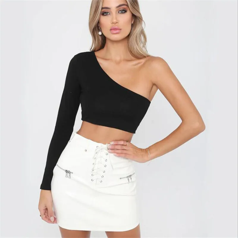 

Summer Fashion Women Tshirt Sexy One Shoulder Crop Tops Skew Collar Unique Long Sleeve Slim Fit Solid Leisure Basic Bodycon Tees