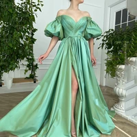 newest evening dress ruched pleat sweetheart puffy short sleeves a line sweep train high slit prom party gowns