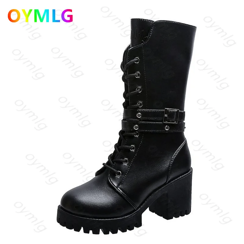 

Hot Sale Spring Autumn Boots Women Fashion Black Square Heel Woman Leather Shoes Winter PU Large Size 41 Mid-calf