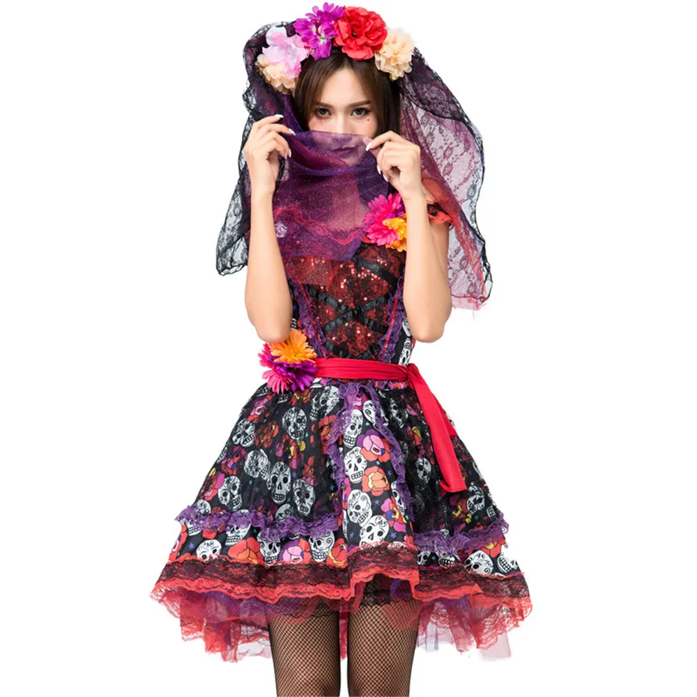 Halloween Carnival Costume Rose Skeleton Print Ghost Bride Dress Festival Gorgeous Cosplay Gauze Tutu Princess | Тематическая