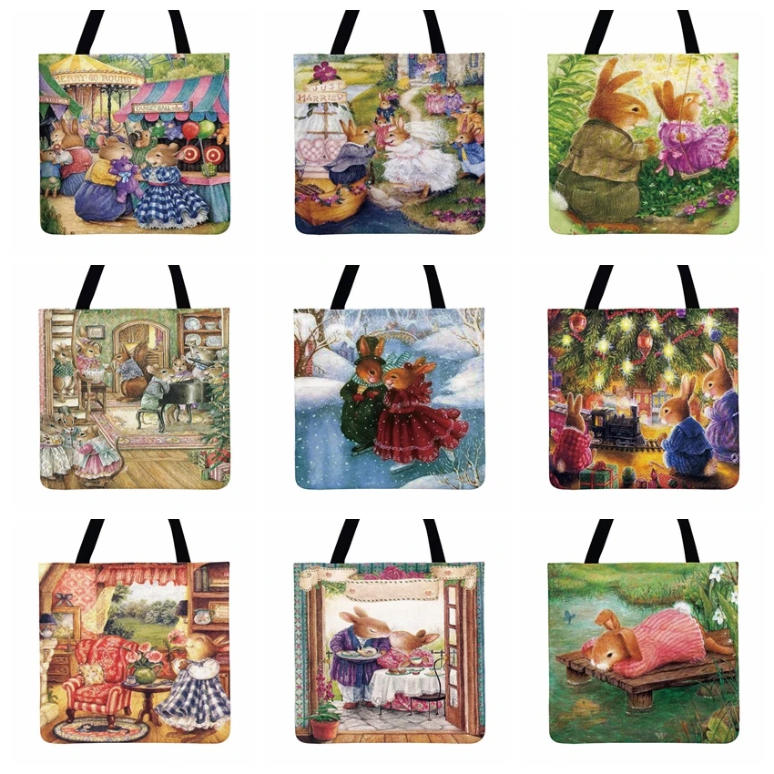 

Pastoral Fairy Rabbit Painting Print Tote Bag For Women Casual Tote Ladies Shoulder Bag Fashion Shopping Bag Outdoor Beach Bag