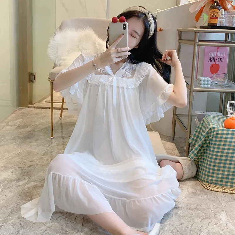 

Fashion Summer Palace Nightdress Women Short-sleeved Lace Mid-length Skirt Princess Pajamas Nightgown Sexy Nightwear Night Dress