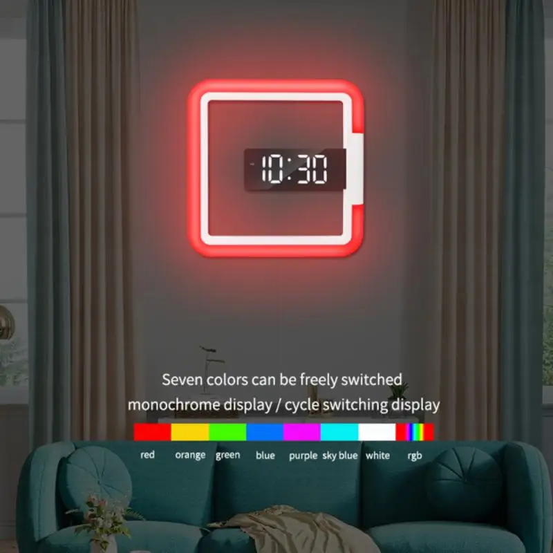 

Digital Wall Clock Remote Control Creative LED Mirror Alarm Temperature Ring Multicolor Light 11" Square Hollow Color Switching