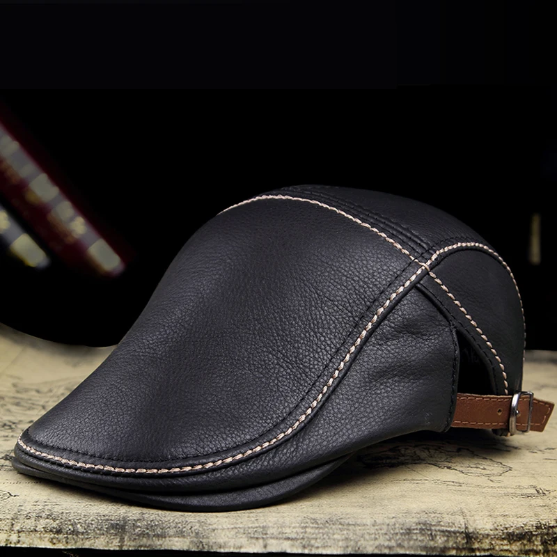 

2021 Winter Man Brand Genuine Leather Beret Hats Male Fashion Forward Caps Duckbill Adjustale Casquette Boina Trucker Cap