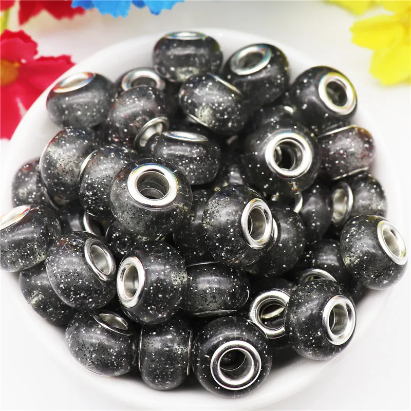 

10 Pcs/Set Clear Color Glitter Large Hole Plastic Resin Spacer Beads Charms Fit Pandora Bracelet Women Girls Hair Beads Jewelry
