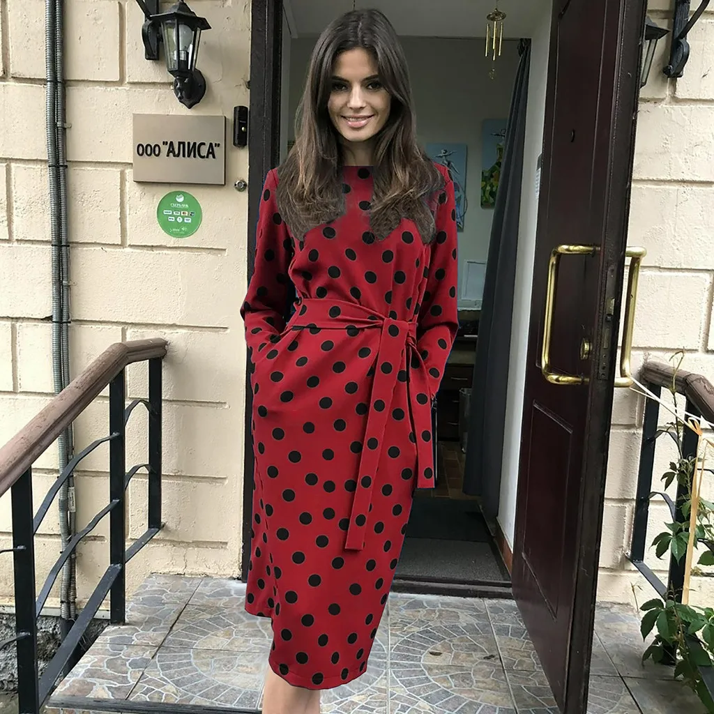 2019 осеннее платье женское элегантное Подпоясанный с длинным рукавом Женские