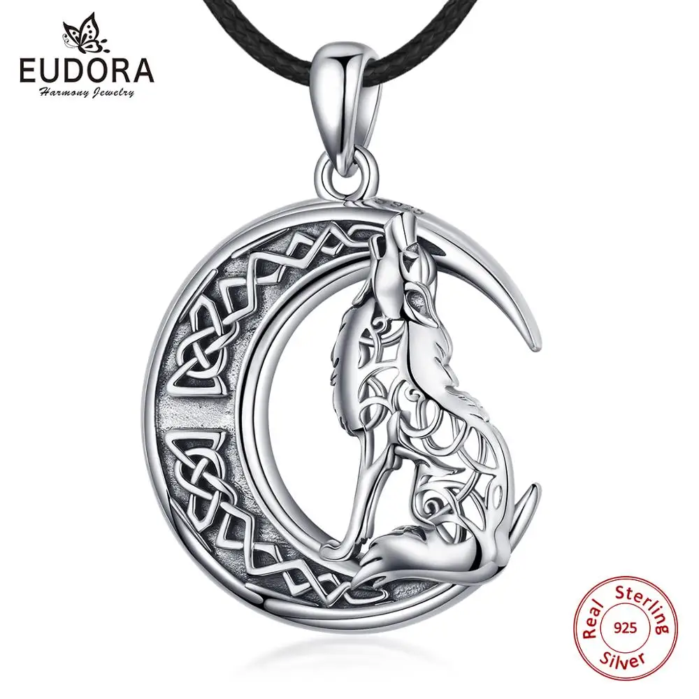 Eudora-Collar de plata de ley 925 de lobo en la Luna, símbolo de los guerreros vikingos nórdicos, Valknut Odin, hombres y mujeres, CYD554