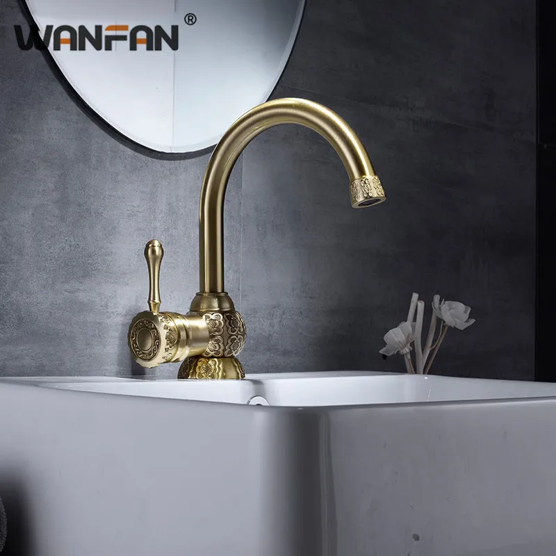 Роскошный резной позолоченный смеситель для раковины ванной комнаты одиночный
