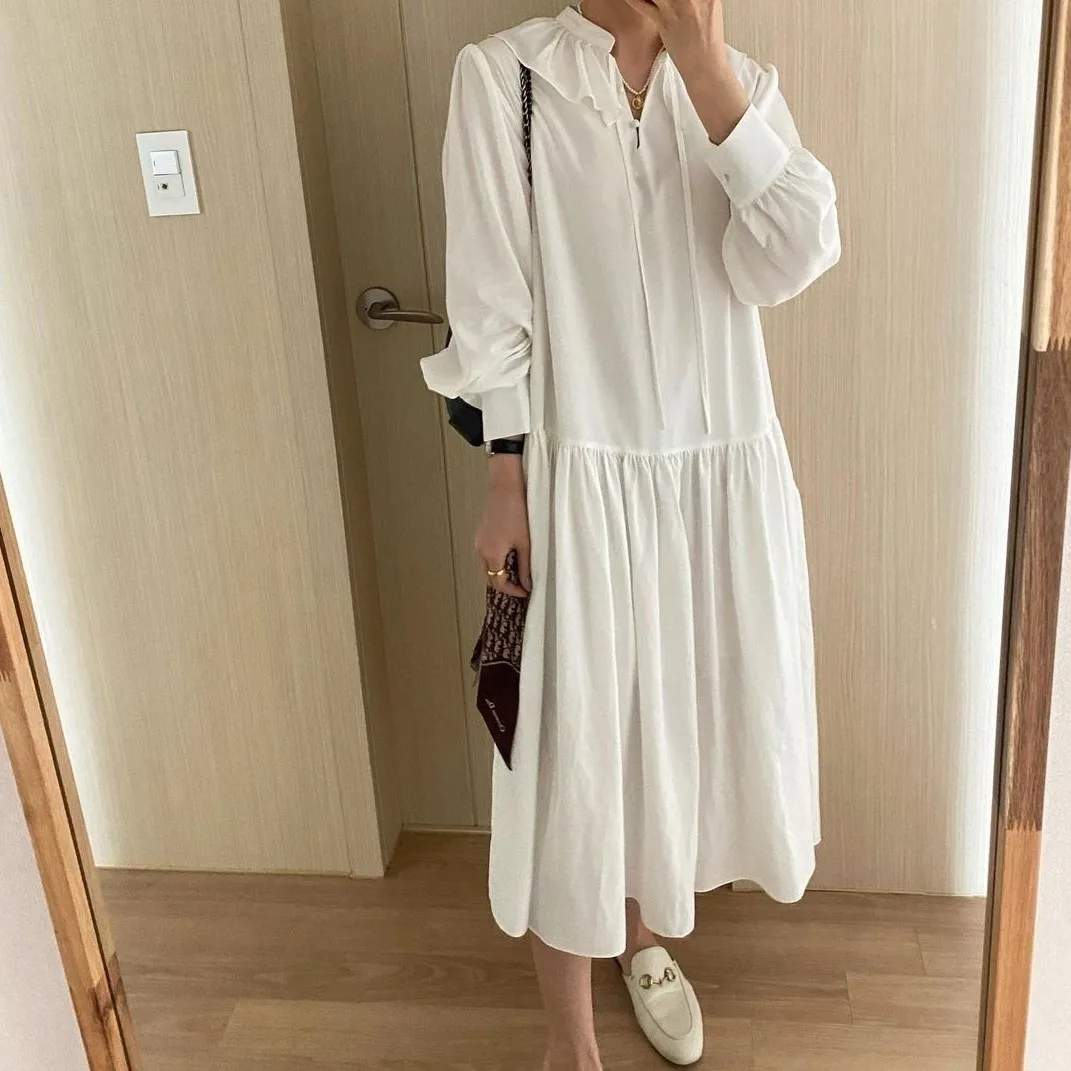 

Spring 2021 Chic Korean Sweet Western Style Youthful-Looking Stringy Selvedge Lace-up Elegant Stitching French Girl Dress