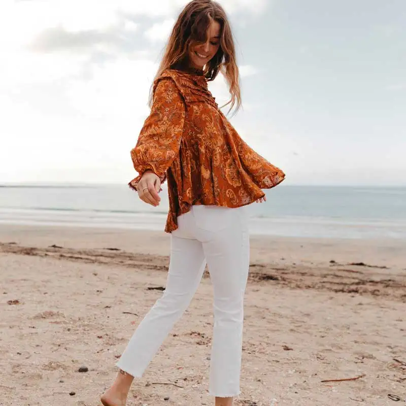 Женская блузка с оборками богемный Вдохновленный Пейсли длинным рукавом рубашка