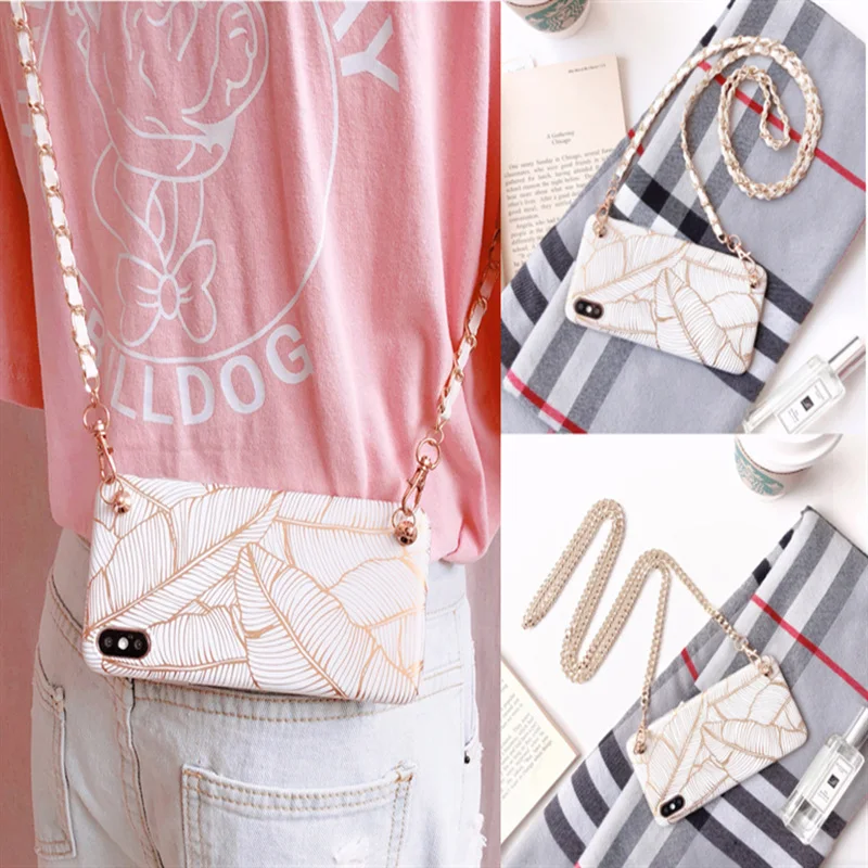 

With long chain Strap phone case For huawei P20 P30 P40 mate 20 30 pro Lite Golden feather back shell Crossbody Rope cover