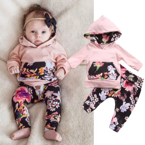 

Infant Baby Kids Girls SportsClothes Newborn Floral Hooded Tops + Pants 2pcs suits Autumn Outfits Set