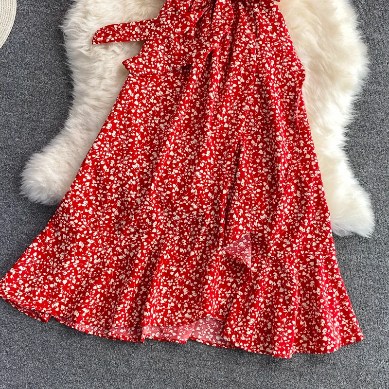 

Women Floral Midi Dress Summer Casual V-Neck Short Sleeve High Waist Printed Vestidos Vintage Ruffle Mermaid Robe 2021 Fashion