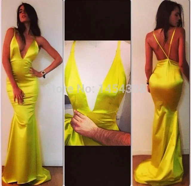 

2019 robe de soire Sexy Unique Yellow Inspired by Michael Costello Mermaid Deep Crisscross Back Evening Dress Prom Gown Vestidos