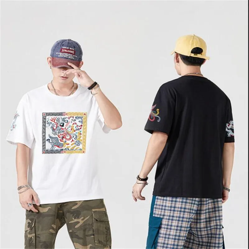 Футболка мужская с вышивкой дракона и феникса в стиле хип-хоп | Мужская одежда