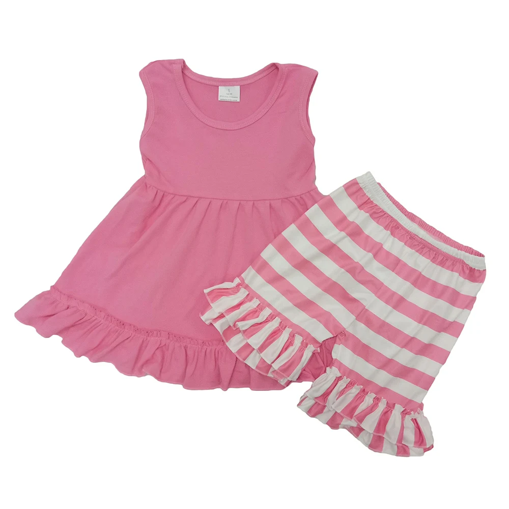 

Free shipping hot sale baby girls children pink tunic striped layers shorts 2 pieces outfits clothing boutique kids design sets