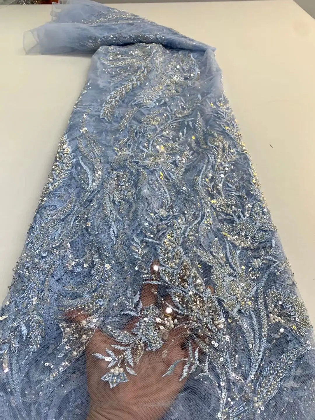

african fashion Luxury ZH-968861 Full Bead lace fabric Heavy Embroidery for Party Bridal Dress sequin Lace Fabric