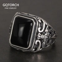 real 925 sterling silver vintage rings for men natural black onyx stone square shape hollow cross flower carved punk jewelry